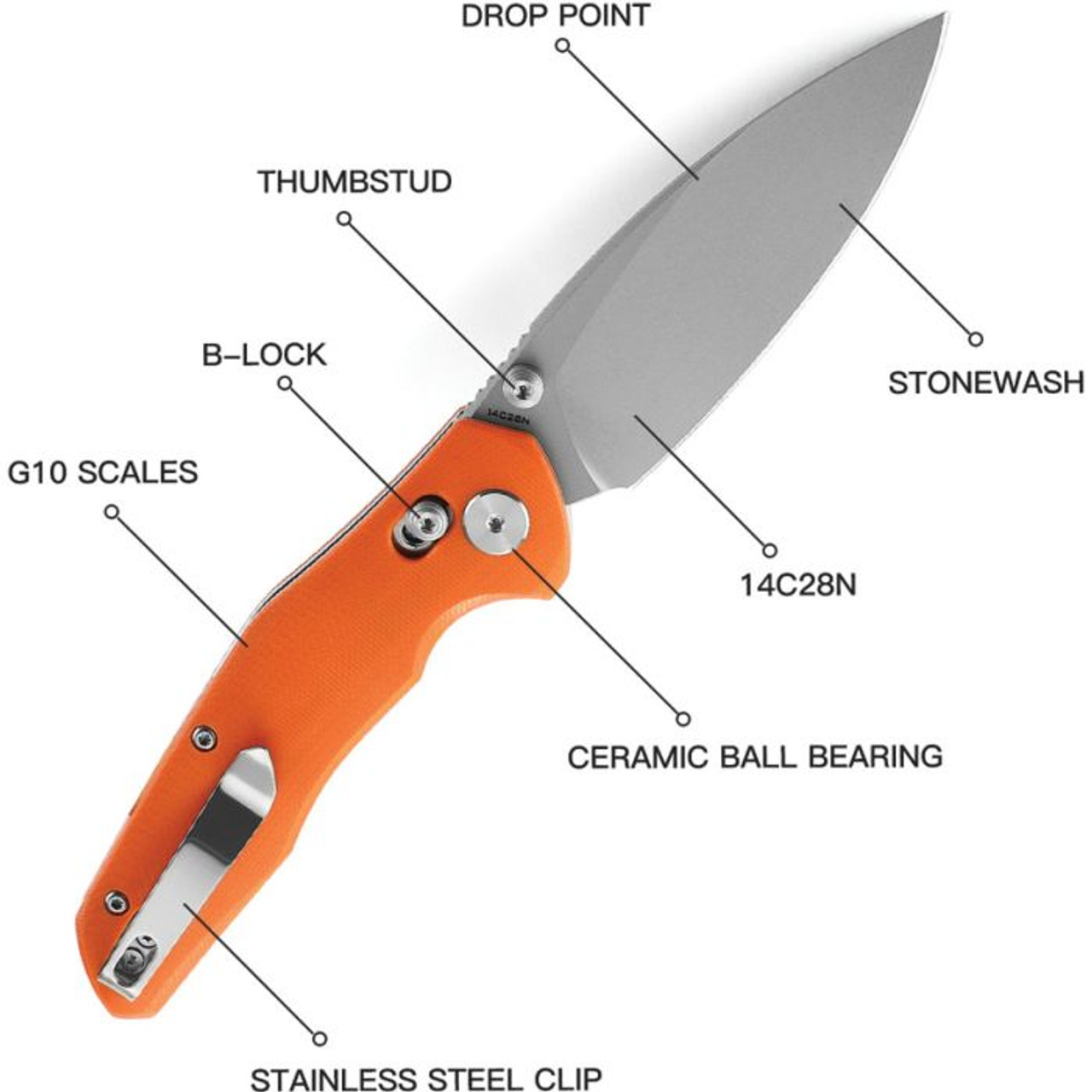 Bestechman Ronan (BTKMK02J) 3.26" Sandvik 14C28N Stonewashed Drop Point Plain Blade, Orange G-10 Handle