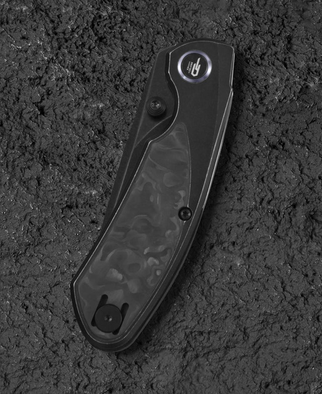 Bestech Knives Lito (BTKT2307D) 2.48" M390 Black Stonewashed Drop Point Plain Blade, Titanium+Carbon Fiber Inlay Handle