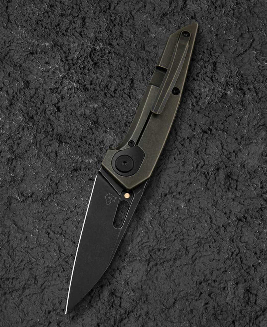 Bestech Knives VK-VOID (BTKT2305D) 2.85" Elmax Black Stonewashed Wharncliffe Plain Blade, Black/Bronze Titanium Handle