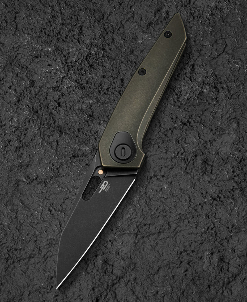 Bestech Knives VK-VOID (BTKT2305D) 2.85" Elmax Black Stonewashed Wharncliffe Plain Blade, Black/Bronze Titanium Handle
