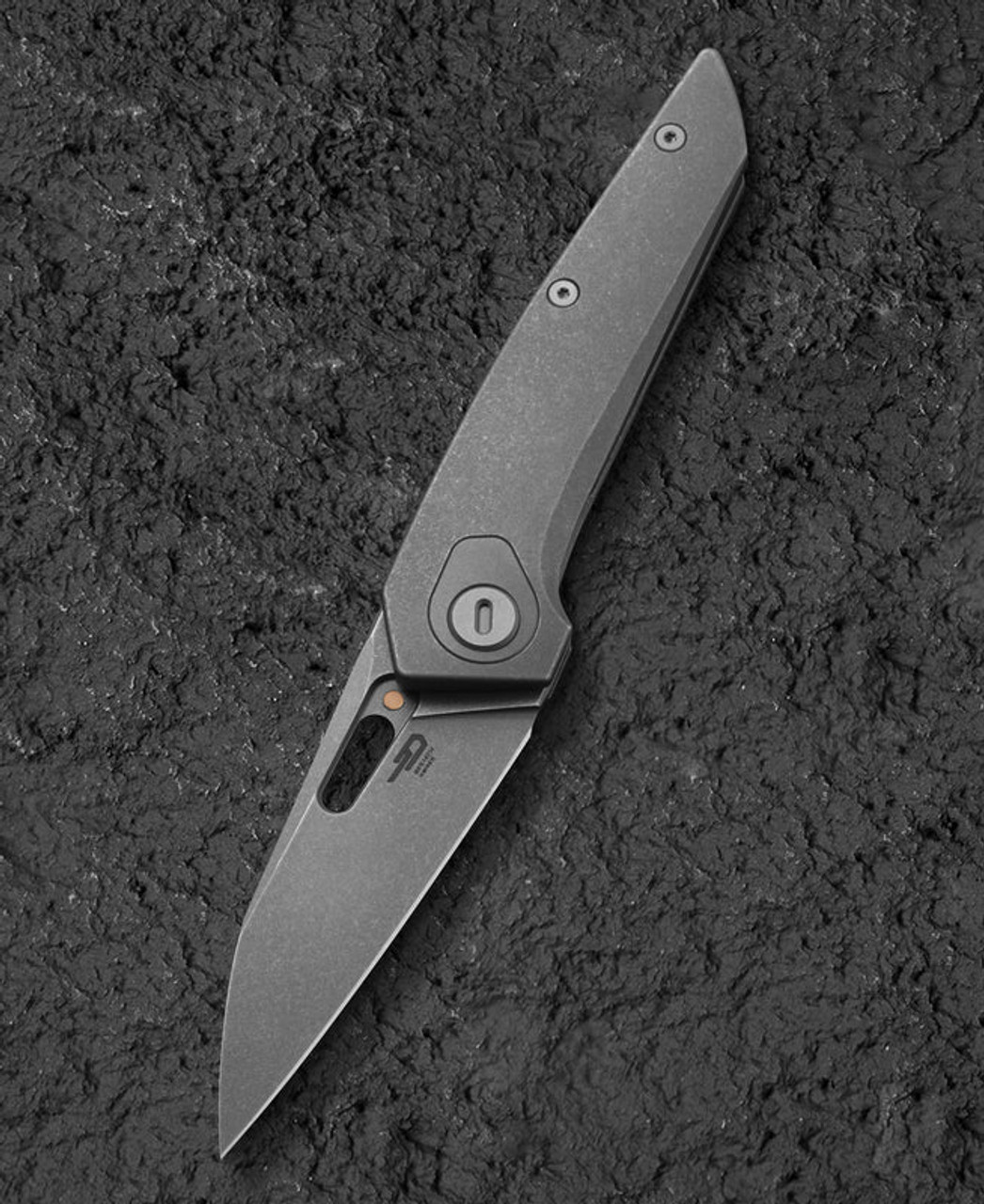 Bestech Knives VK-VOID (BTKT2305C) 2.85" Elmax Black Bead Blast +Stonewash Wharncliffe Plain Blade, Gray Titanium Handle