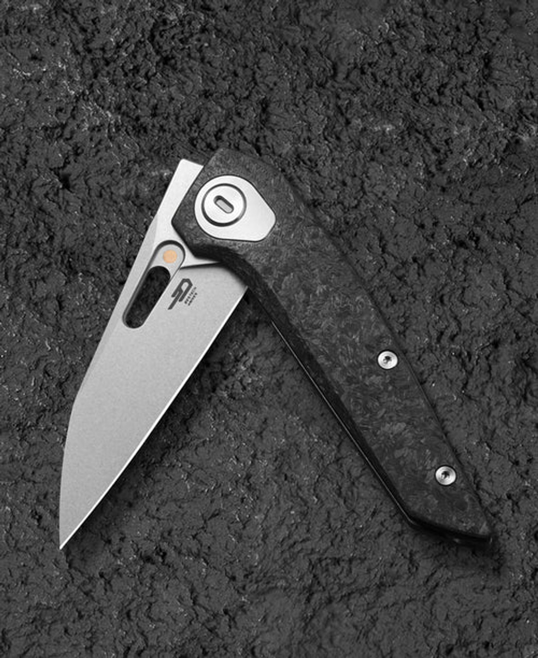 Bestech Knives VK-VOID (BTKT2305B) 2.85" Elmax Stonewashed Wharncliffe Plain Blade, Black Carbon Fiber/Titanium Handle