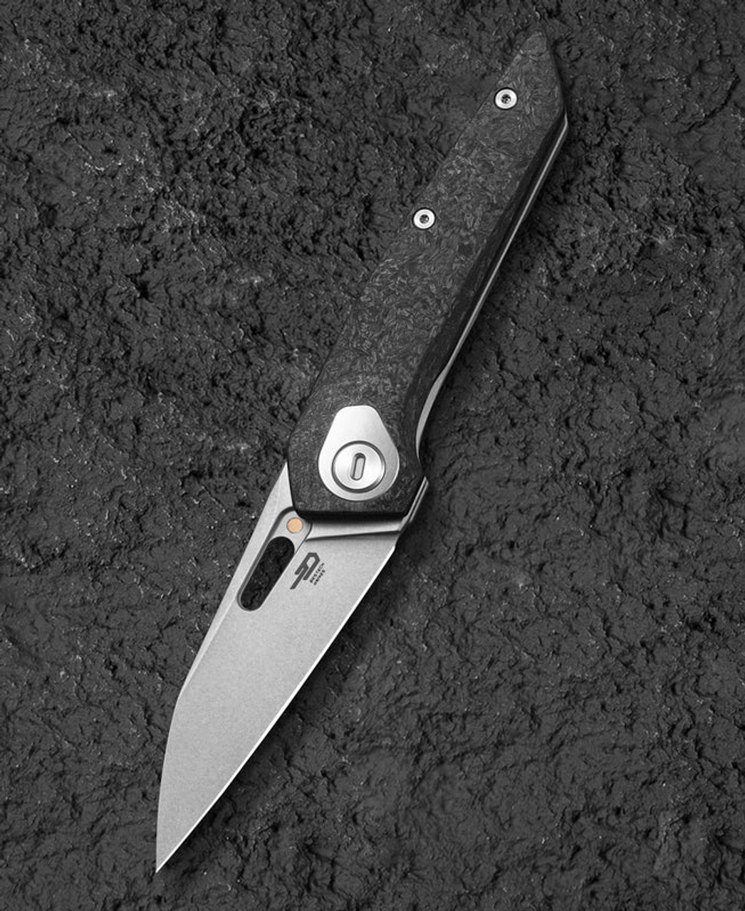 Bestech Knives VK-VOID (BTKT2305B) 2.85" Elmax Stonewashed Wharncliffe Plain Blade, Black Carbon Fiber/Titanium Handle