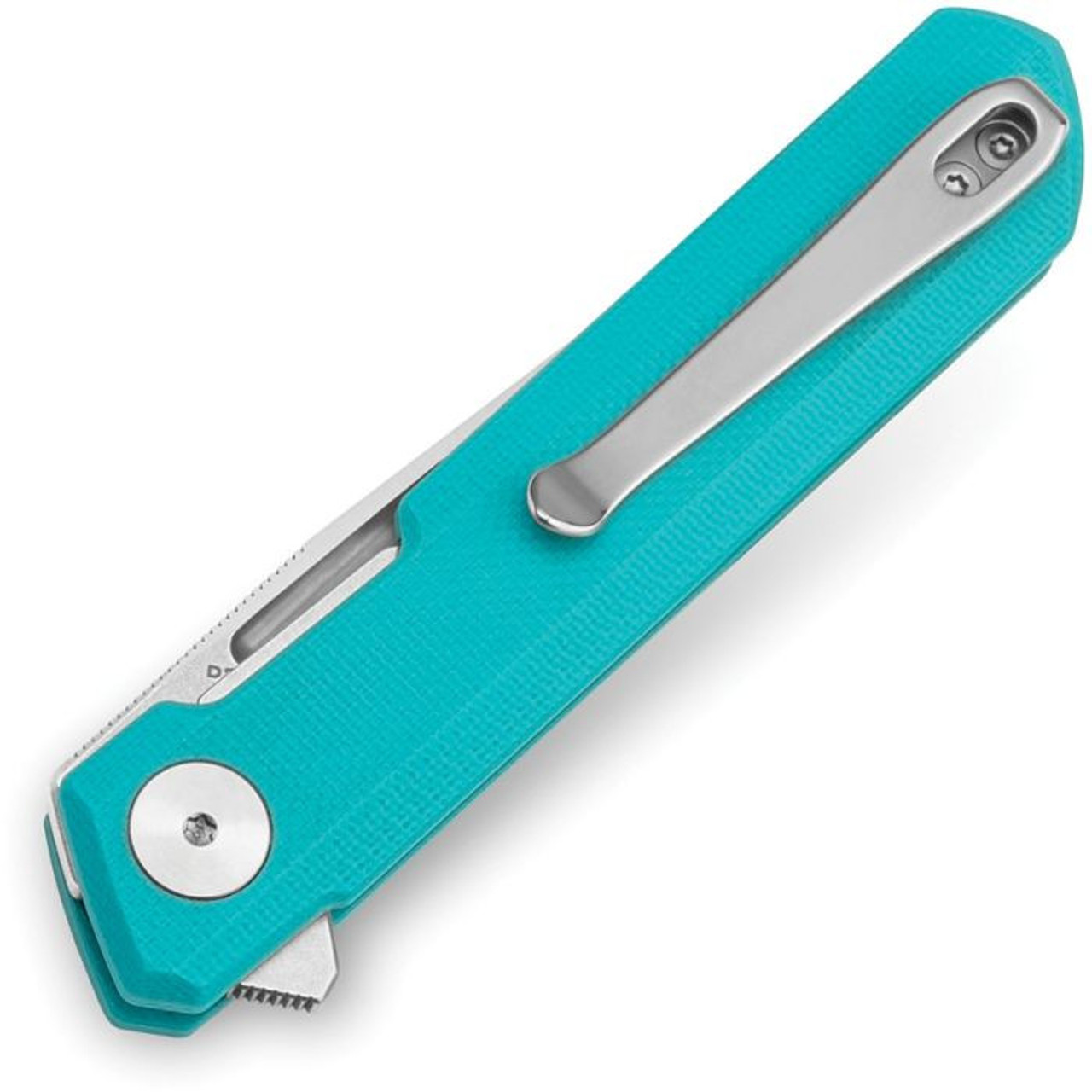 Bestechman Mini Dundee (BTKMK03C) 2.92" D2 Satin Drop Point Plain Blade, Tiffany Blue G-10 Handle