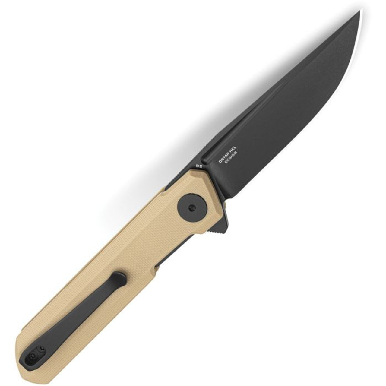 Bestechman Mini Dundee (BTKMK03I) 2.92" D2 Black DLC Coated Drop Point Plain Blade, Khaki G-10 Handle