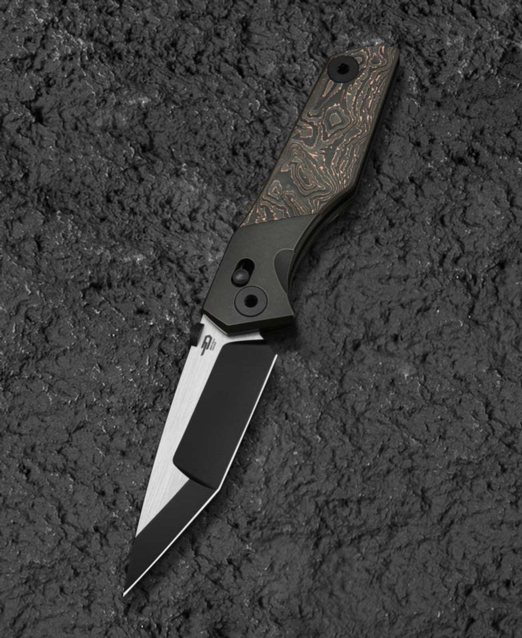 Bestech Knives Cetus (BTKT2304D) 3.94" M390 Black Satin Tanto Plain Blade, Black Carbon Fiber + Titanium Handle