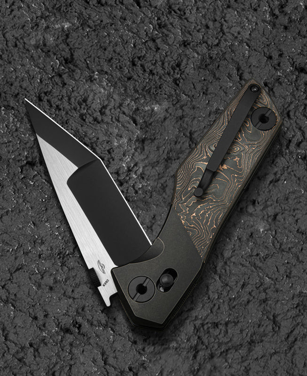 Bestech Knives Cetus (BTKT2304D) 3.94" M390 Black Satin Tanto Plain Blade, Black Carbon Fiber + Titanium Handle