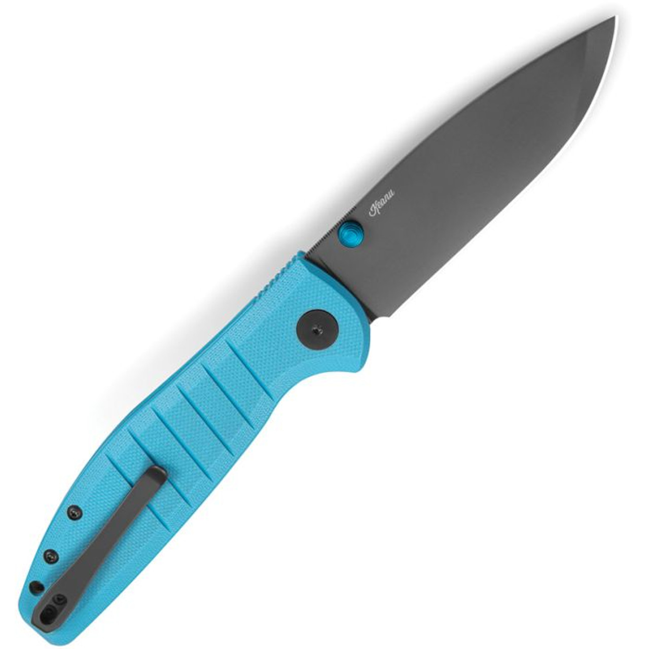 Bestechman Goodboy (BTKMK04C) 3.54" D2 Grey PVD Coated Drop Point Plain Blade, Blue G-10 Handle with Button Lock