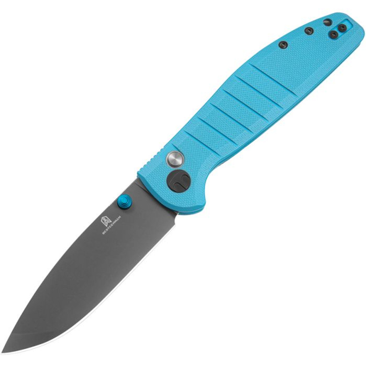 Bestechman Goodboy (BTKMK04C) 3.54" D2 Grey PVD Coated Drop Point Plain Blade, Blue G-10 Handle with Button Lock