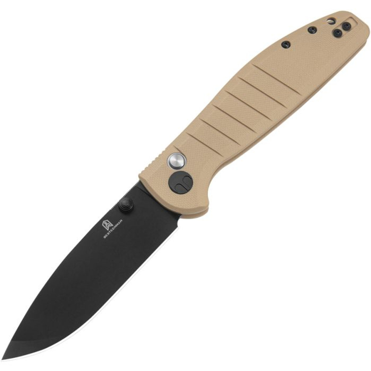 Bestechman Goodboy (BTKMK04E) 3.54" D2 Black PVD Coated Drop Point Plain Blade, Khaki G-10 Handle with Button Lock