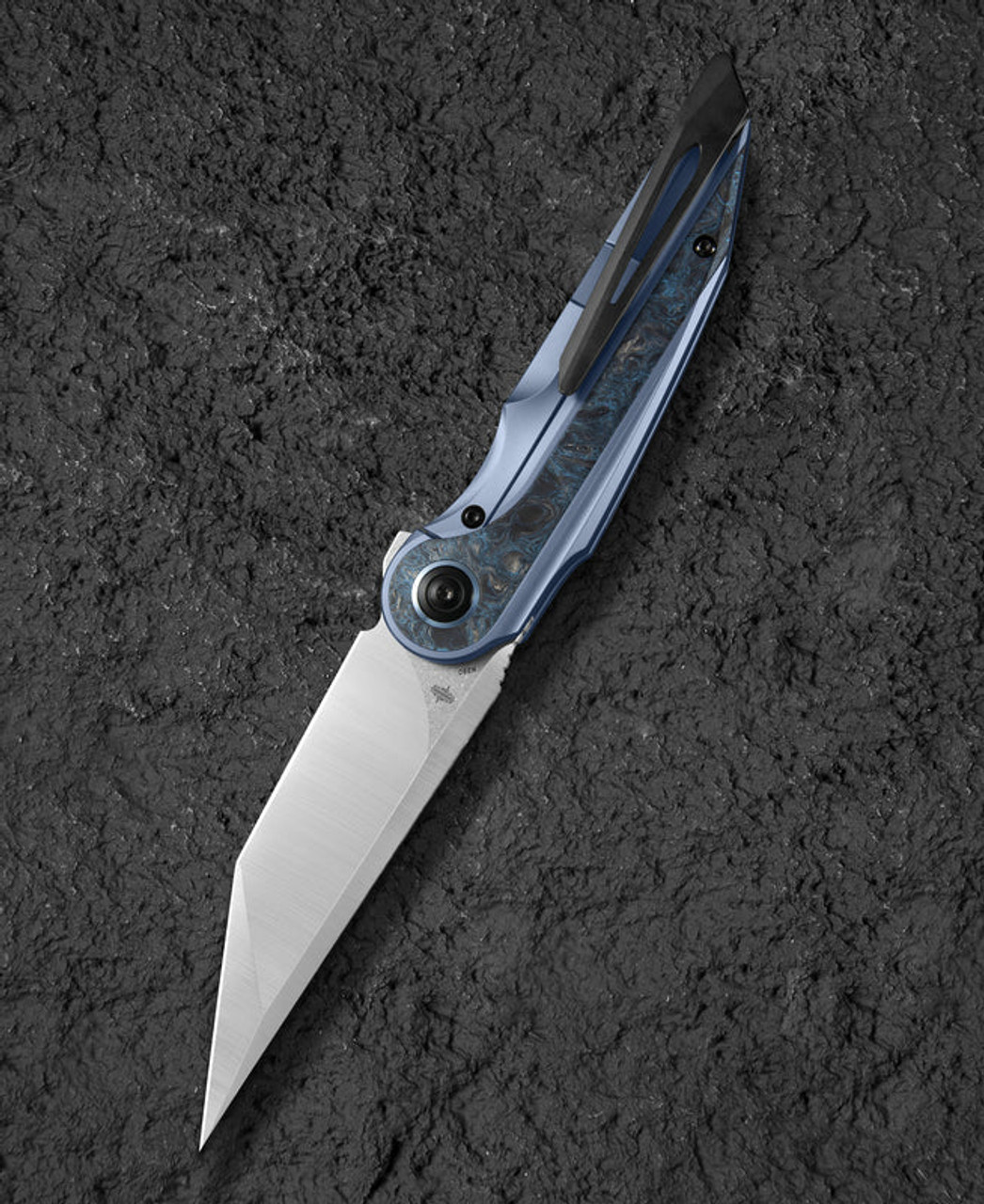Bestech Knives Blind Fury (BTKT2303A) 3.62" M390 Satin + Stonewash Tanto Plain Blade, Black/Blue Titanium + Carbon Fiber Handle