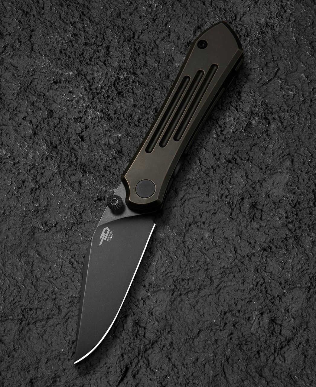 Bestech Knives Icarus (BTKT2302B) 2.65" M390 Black Stonewashed Drop Point Plain Blade, Black/Bronze Titanium Handle