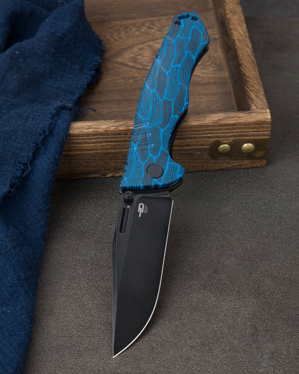 Bestech Knives Keen II (BTKT2301D) 4.19" S35VN Black Stonewashed Drop Point Plain Blade, Black/Blue G-10 + Titanium Handle