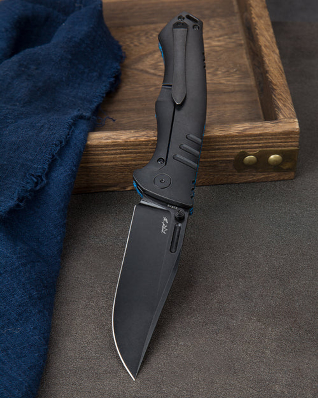 Bestech Knives Keen II (BTKT2301D) 4.19" S35VN Black Stonewashed Drop Point Plain Blade, Black/Blue G-10 + Titanium Handle