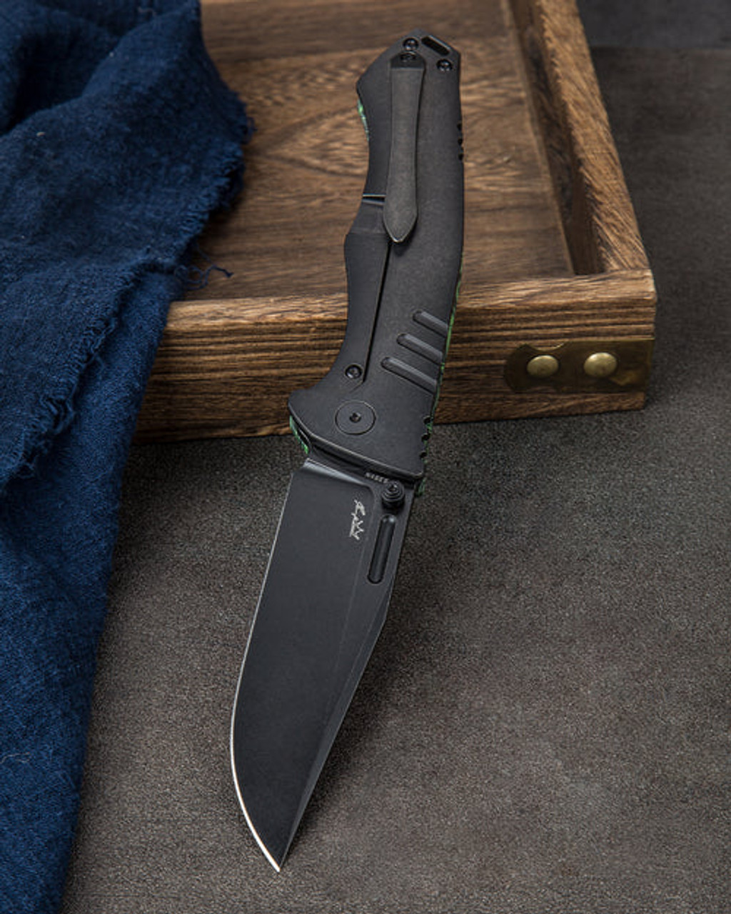 Bestech Knives Keen II (BTKT2301E) 4.19" S35VN Black Stonewashed Drop Point Plain Blade, Black/Green G-10 + Titanium Handle