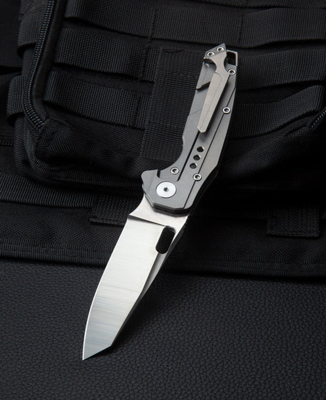 Bestech Knives Nyxie (BTKT2209A) 3.43" S35VN Stonewashed + Satin Reverse Tanto Plain Blade, Grey Titanium Handle