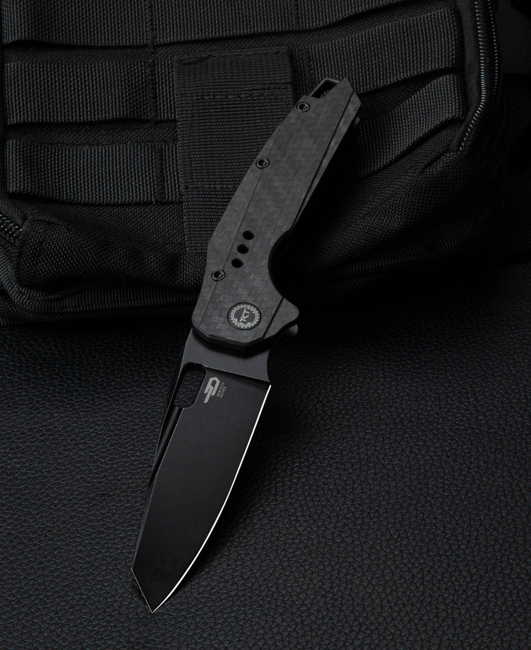Bestech Knives Nyxie (BTKT2209D) 3.43" S35VN Black Stonewashed Reverse Tanto Plain Blade, Black Titanium + Carbon Fiber Handle