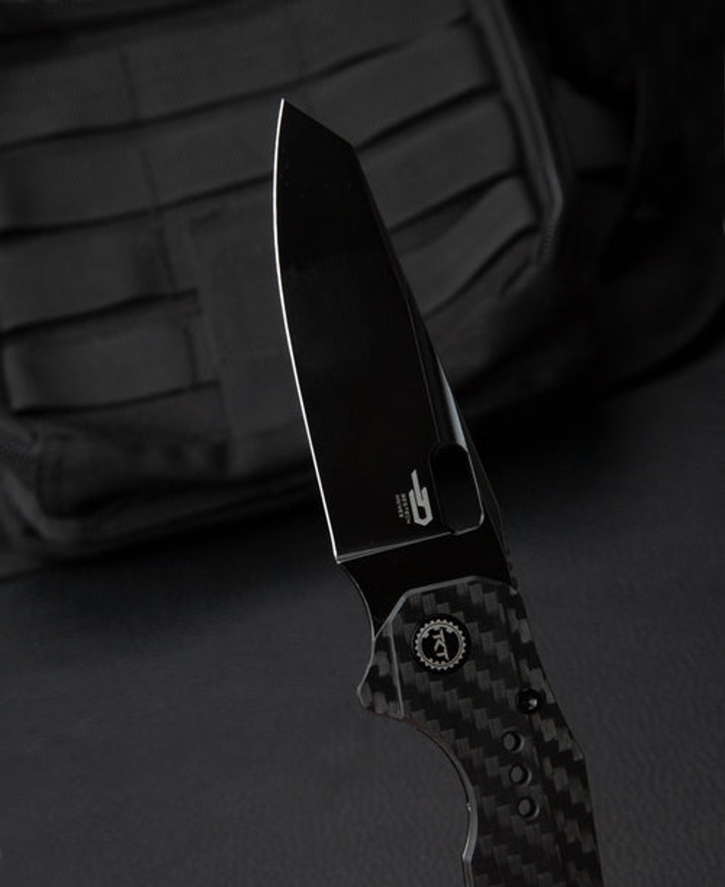 Bestech Knives Nyxie (BTKT2209D) 3.43" S35VN Black Stonewashed Reverse Tanto Plain Blade, Black Titanium + Carbon Fiber Handle