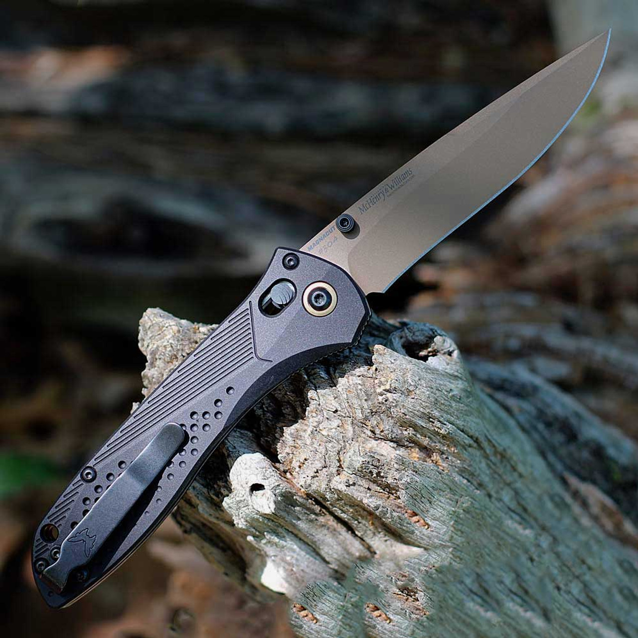 Benchmade Limited Edition Seven | Ten (710-2401) -  4.0"  FDE PVD CPM-MagnaCut Drop Point Plain Blade, Black Aluminum Handle