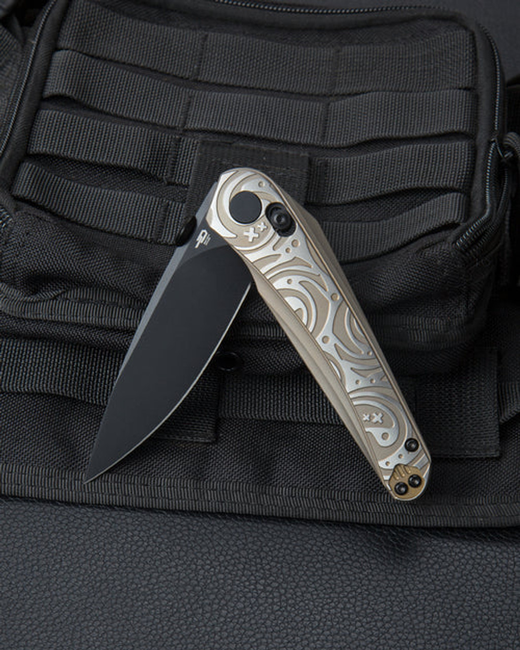 Bestech Knives Mothus (BTKT2206C) 3.47" M390 Black Drop Point Plain Blade, Bronze Titanium Handle