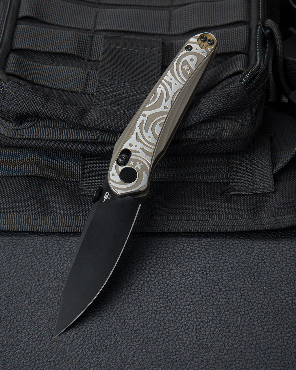 Bestech Knives Mothus (BTKT2206C) 3.47" M390 Black Drop Point Plain Blade, Bronze Titanium Handle