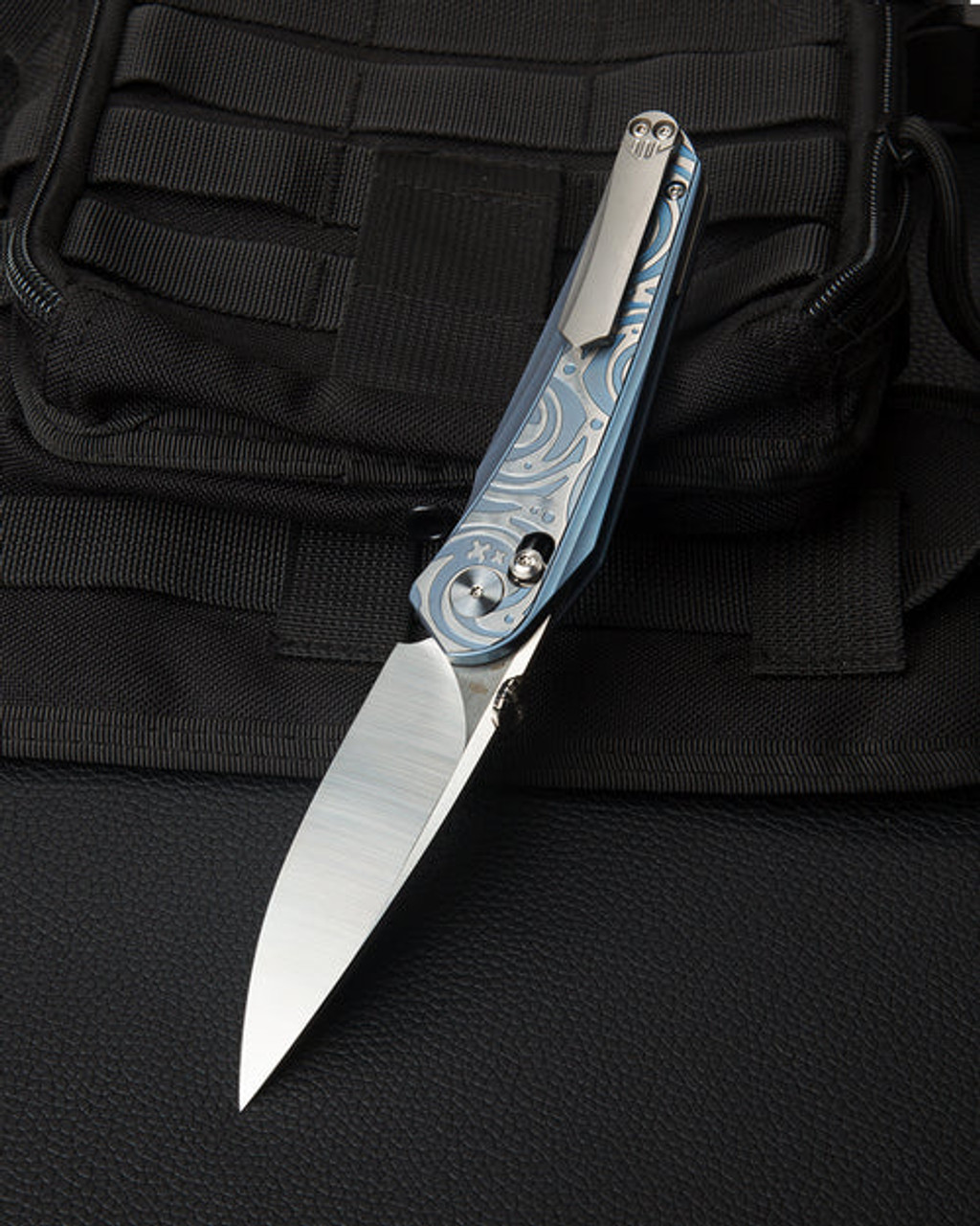 Bestech Knives Mothus (BTKT2206A) 3.47" M390 Satin Drop Point Plain Blade, Blue Titanium Handle