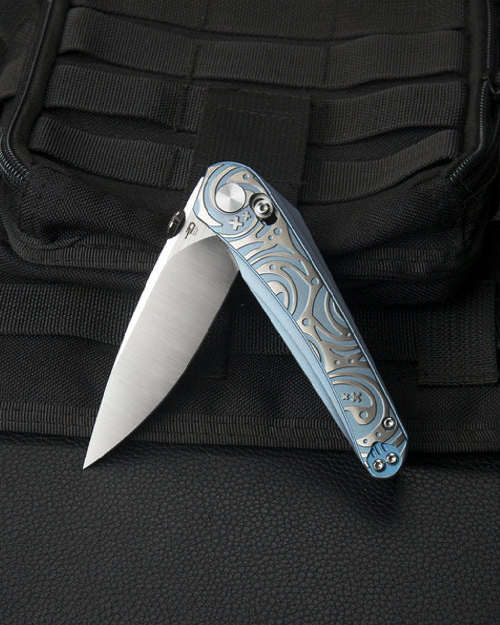 Bestech Knives Mothus (BTKT2206A) 3.47" M390 Satin Drop Point Plain Blade, Blue Titanium Handle