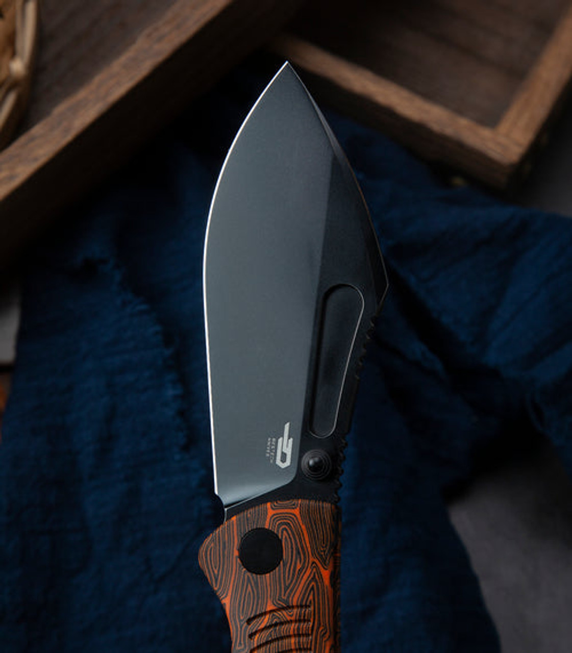 Bestech Knives Lockness (BTKT2205C) 3.91" M390 Black Stonewash Drop Point Plain Blade, Black + Orange G10 + Titanium Handle