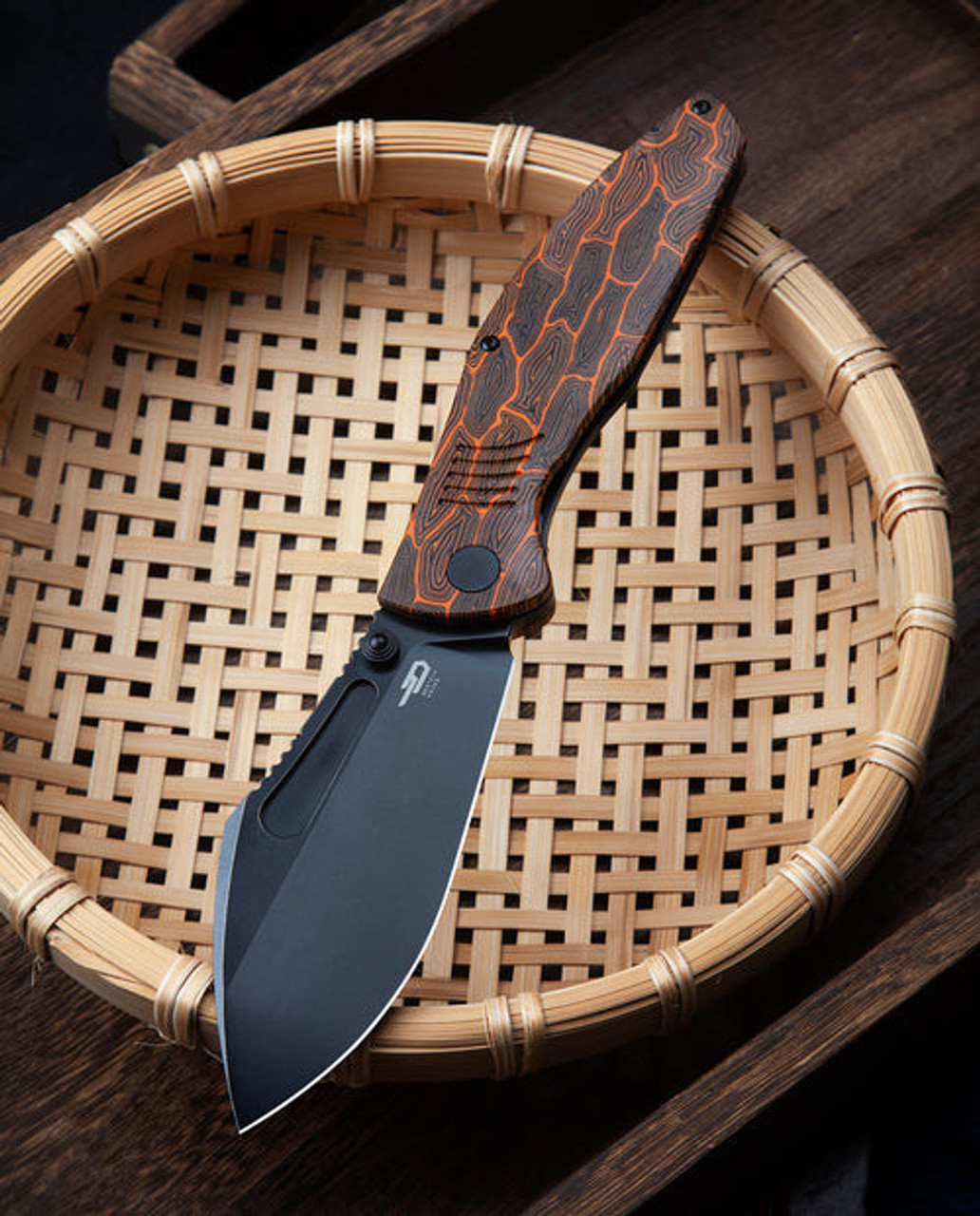 Bestech Knives Lockness (BTKT2205C) 3.91" M390 Black Stonewash Drop Point Plain Blade, Black + Orange G10 + Titanium Handle