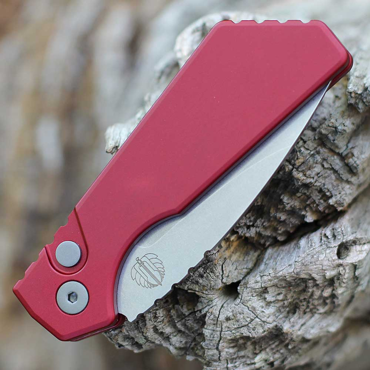 Pro-Tech Strider PT+ (PT201-Red) 3" CPM-MagnaCut Stonewashed Drop Point Plain Blade, Red Solid Aluminum Handle with Push Button Open