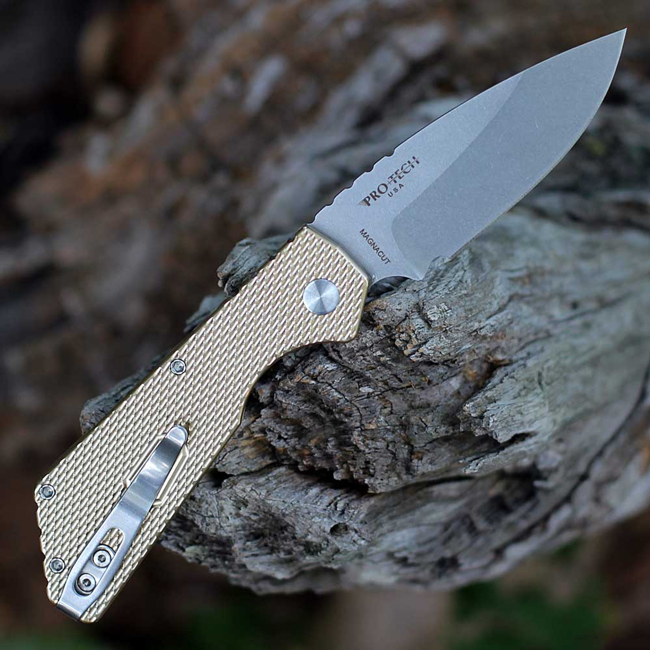 Pro-Tech Knives Strider PT+ (PT234) 3" CPM-MagnaCut Stonewashed Drop Point Plain Blade, Bronze Textured Aluminum Handle with Push Button Open