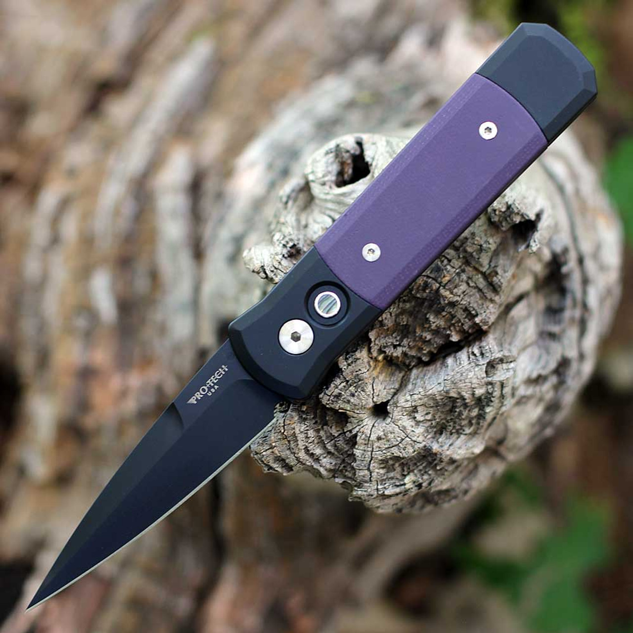 Pro-Tech Knives Godson (715-Purple) 3.15" 154CM Black DLC Coated Spear Point Plain Blade, Black Aluminum Handle with Purple G-10 Inlays, Abalone Push Button