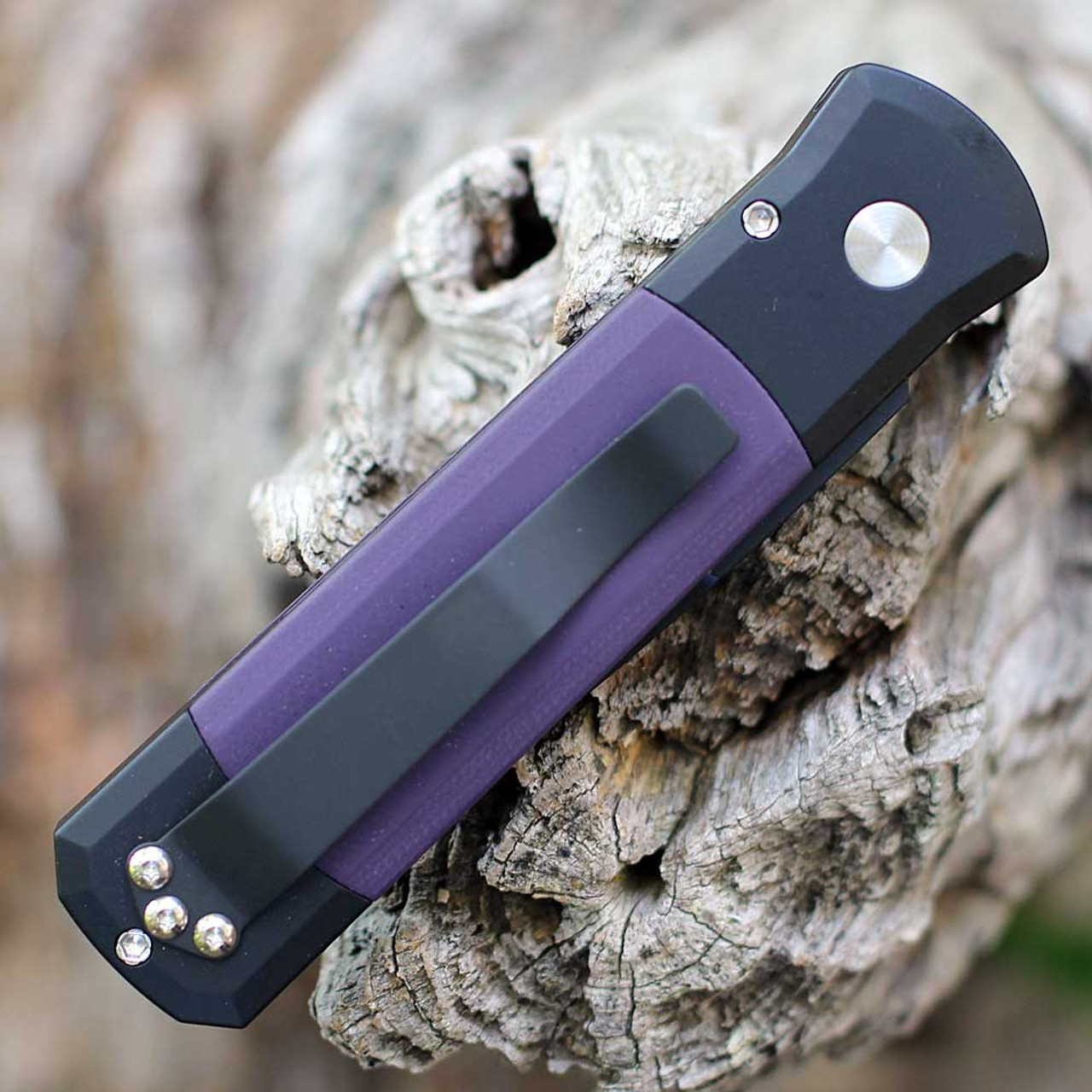 Pro-Tech Knives Godson (715-Purple) 3.15" 154CM Black DLC Coated Spear Point Plain Blade, Black Aluminum Handle with Purple G-10 Inlays, Abalone Push Button