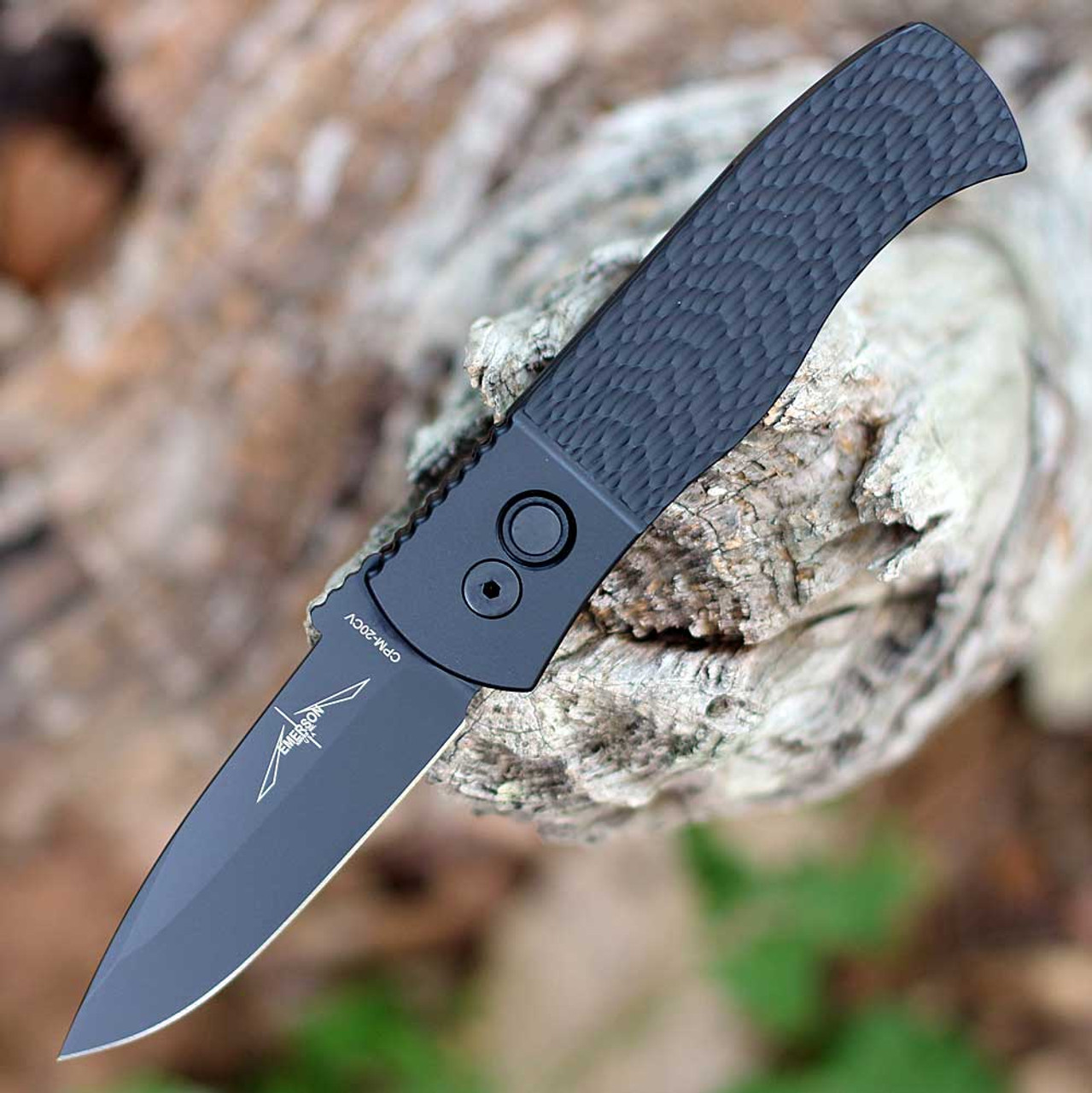 Pro-Tech Knives Emerson CQC-7 (E7A06-20CV) 3.25" CPM-20CV Black DLC Coated Drop Point Plain Blade, Black Textured Aluminum Handle with Push Button Open