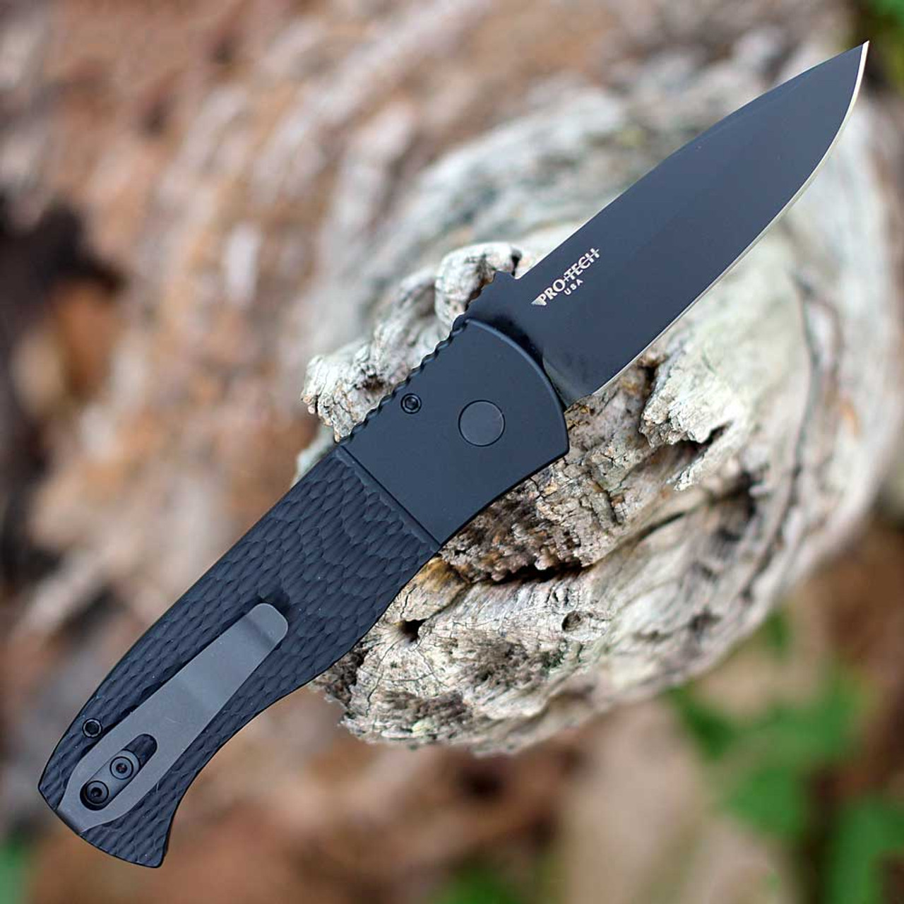 Pro-Tech Knives Emerson CQC-7 (E7A06-20CV) 3.25" CPM-20CV Black DLC Coated Drop Point Plain Blade, Black Textured Aluminum Handle with Push Button Open