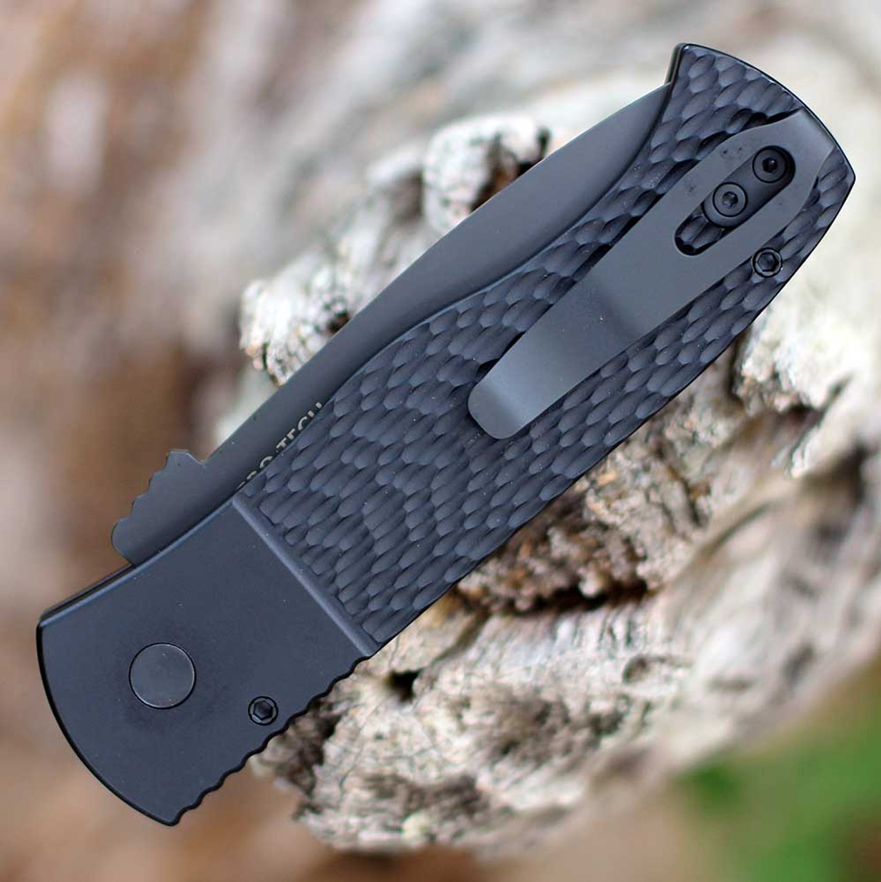 Pro-Tech Knives Emerson CQC-7 (E7T06) 3.25" 154CM Black DLC Coated Tanto Plain Blade, Black Jigged Textured Aluminum Handle with Push Button Open