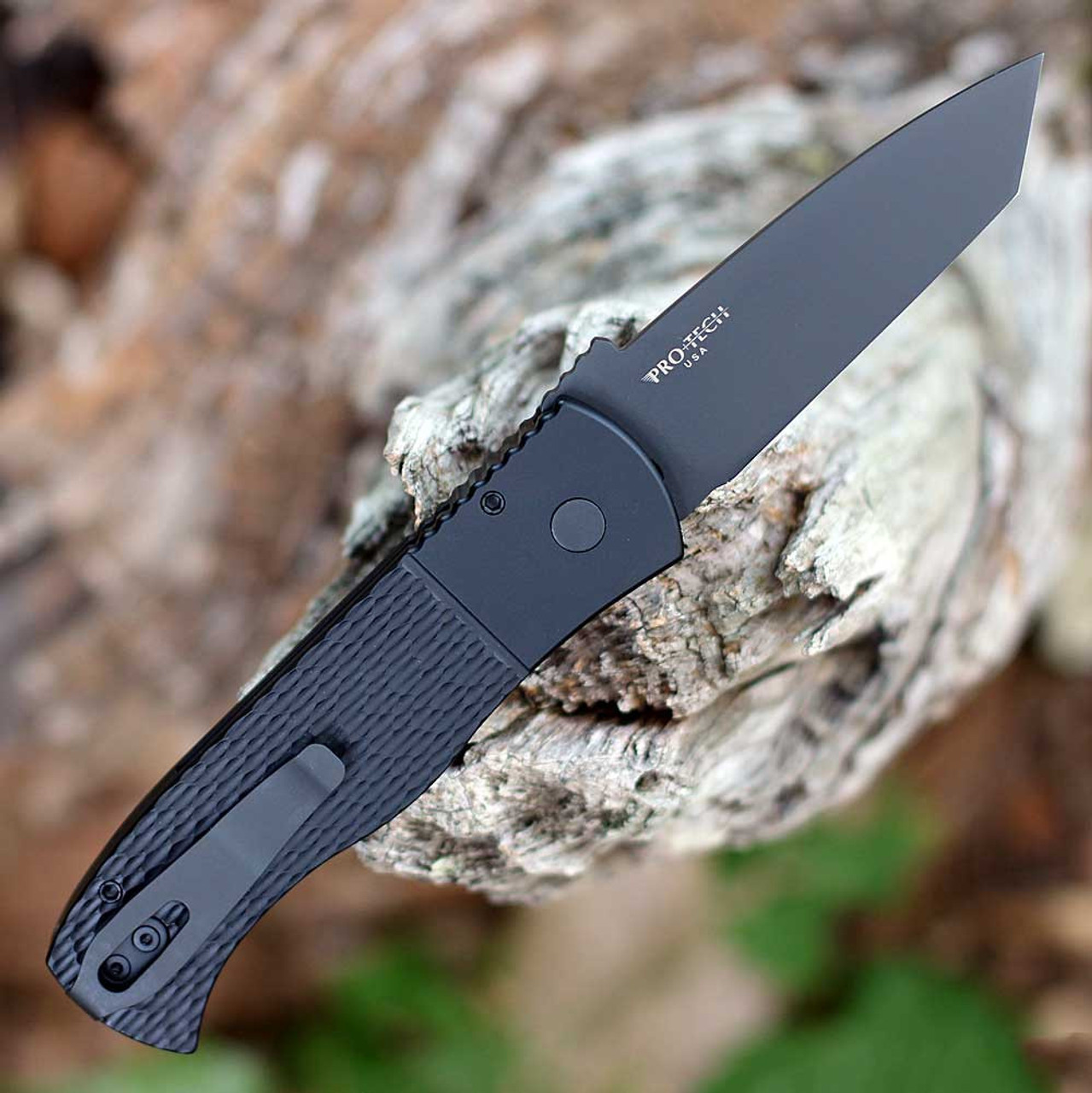Pro-Tech Knives Emerson CQC-7 (E7T06) 3.25" 154CM Black DLC Coated Tanto Plain Blade, Black Jigged Textured Aluminum Handle with Push Button Open