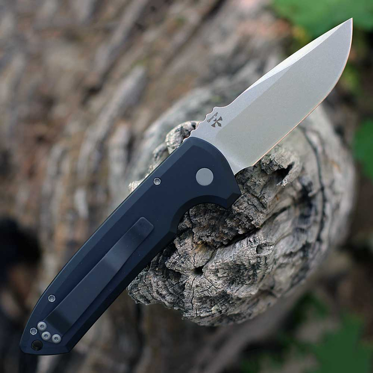 Pro-Tech Rockeye (LG301) 3.4" CPM-S35VN Stonewashed Drop Point Plain Blade, Black Aluminum Handle with Push Button Open