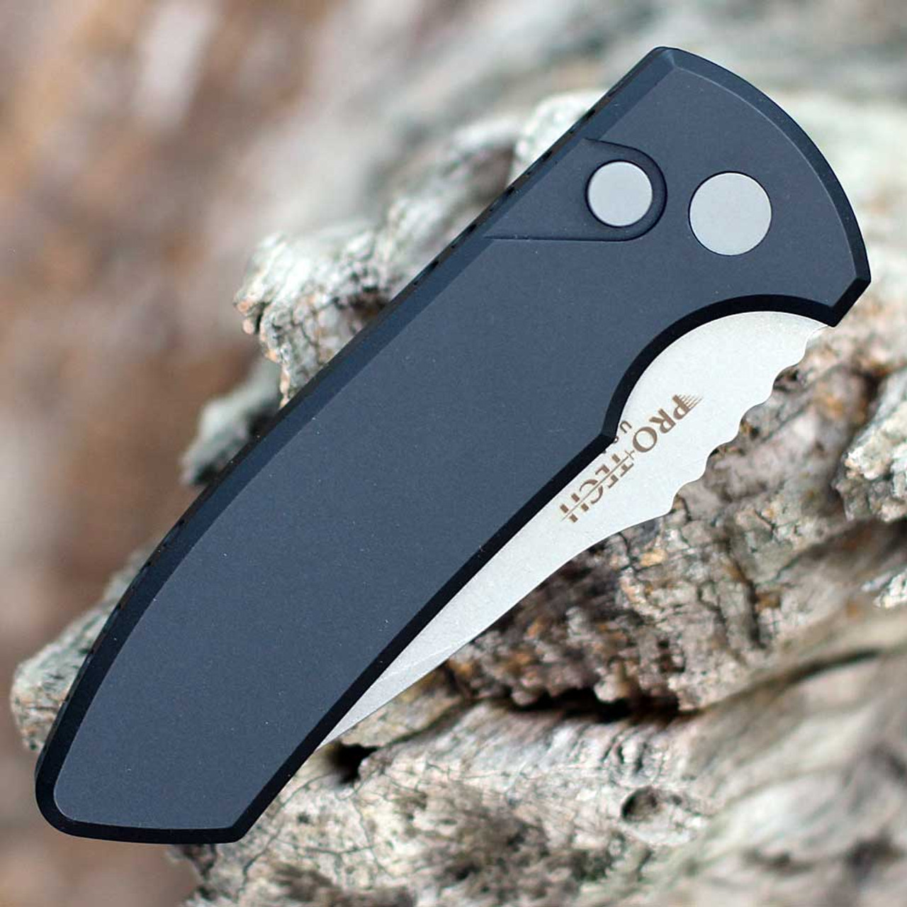 Pro-Tech Short Blade Rockeye (SBR) LEFT HANDED (LG401-LH) 2.5" CPM-S35VN Stonewashed/Satin Clip Point Plain Blade, Smooth Black Aluminum Handle with Push Button Open