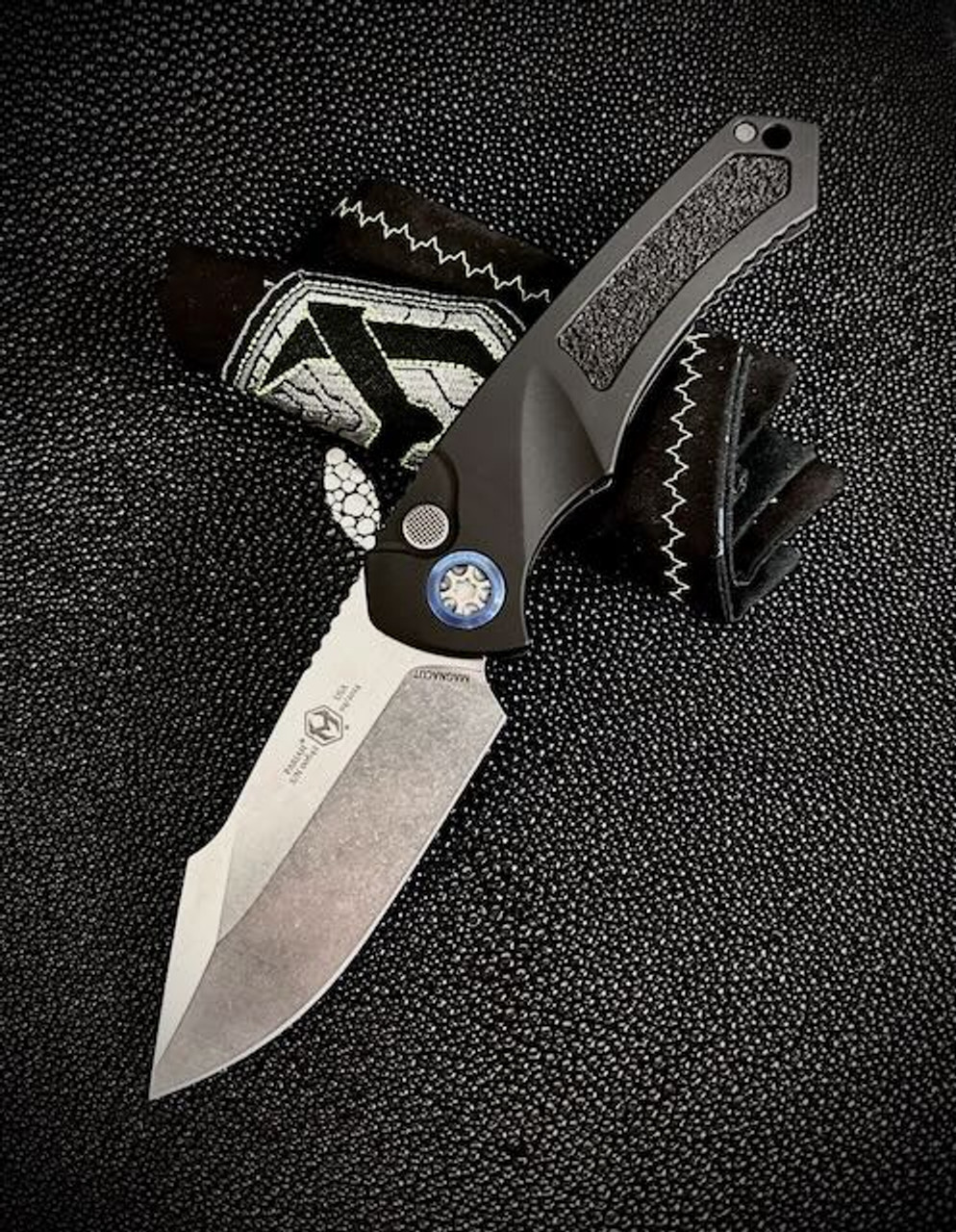 Heretic Knives Pariah Automatic (H048-2A) 3.75" MagnaCut Drop Point Stonewash Plain Blade, Black Aluminum Handle with Black Griptape Inlays