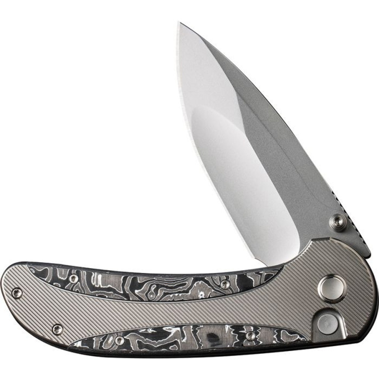 WE Knife Zizzit (WE23031-2) 3.8" CPM-20CV Bead Blasted Drop Point Plain Blade, Bead Blasted Titanium Handle w/ Aluminum Foil Carbon Fiber Inlay