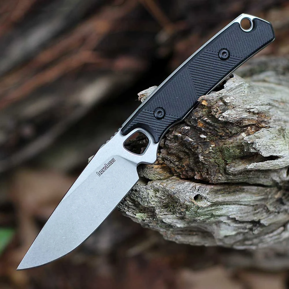 Kershaw Steppe 2048 fixed blade knife showing the 3.55-inch stonewashed D2 blade and black textured handle.