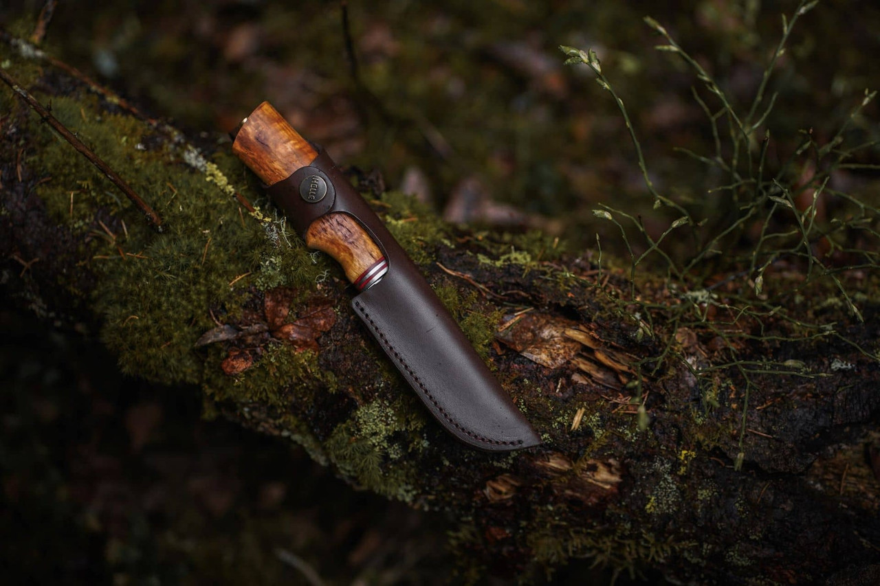 Helle Futura (HE155) 4.13" H3LS Triple Laminated Stainless Steel Drop Point Plain Blade, Curly Birch Wood Handle, Brown Genuine Leather Sheath