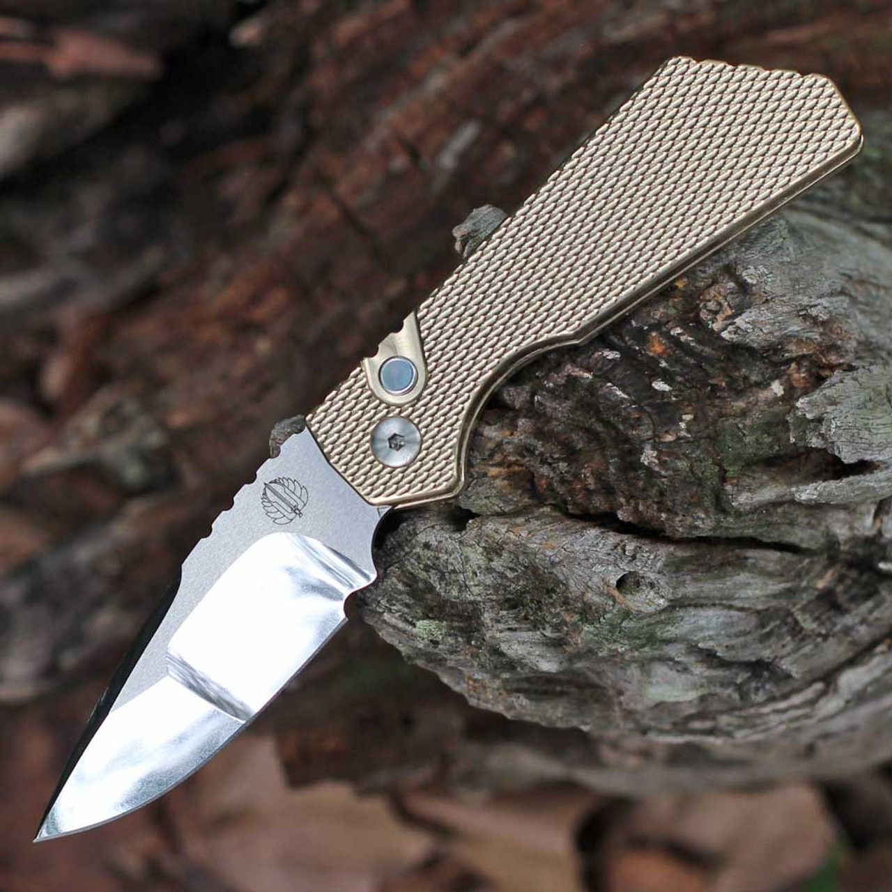 Pro-Tech 2024 Strider PT+ 005 Custom - 3.94" CPM-154CM Hand Mirror Polished Drop Point Mike Irie Compound Ground Drop Point Blade, Textured AlBronze Handle with Mother of Pearl Push Button