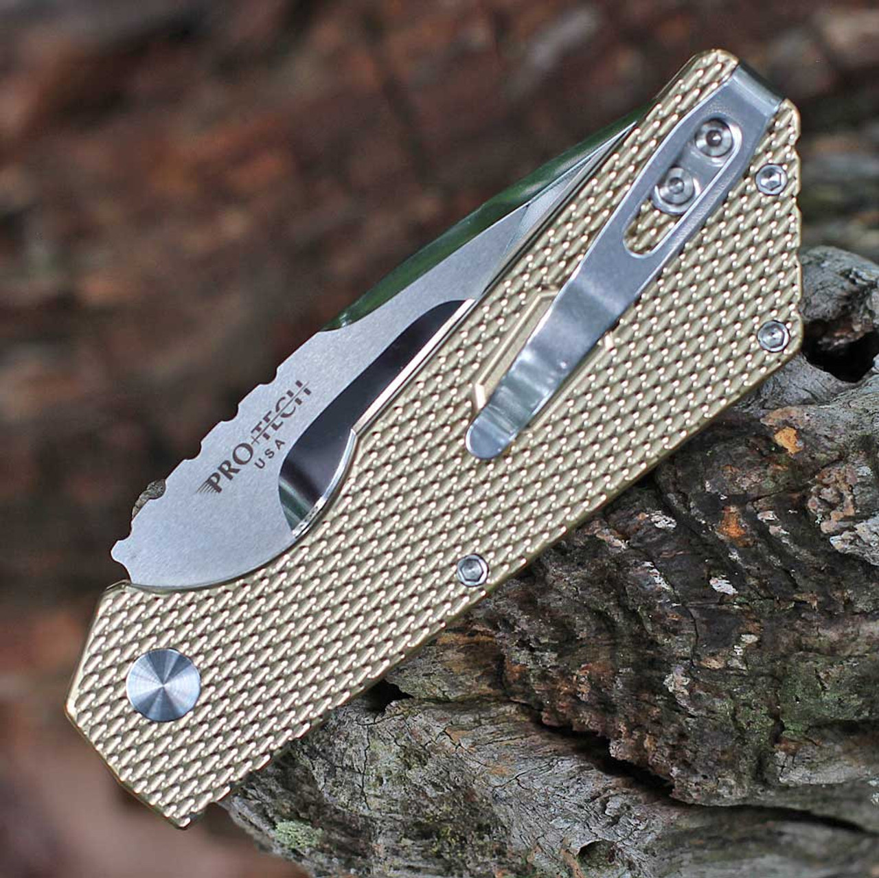 Pro-Tech 2024 Strider PT+ 005 Custom - 3.94" CPM-154CM Hand Mirror Polished Drop Point Mike Irie Compound Ground Drop Point Blade, Textured AlBronze Handle with Mother of Pearl Push Button