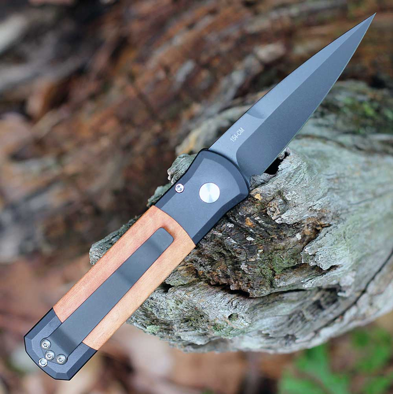 Pro-Tech Knives Godson Automatic (707-RIE) - 3.15" 154CM DLC Black Spear Point Blade, Black Aluminum Handle with Red Ironbark Eucalyptus Wood Inlay