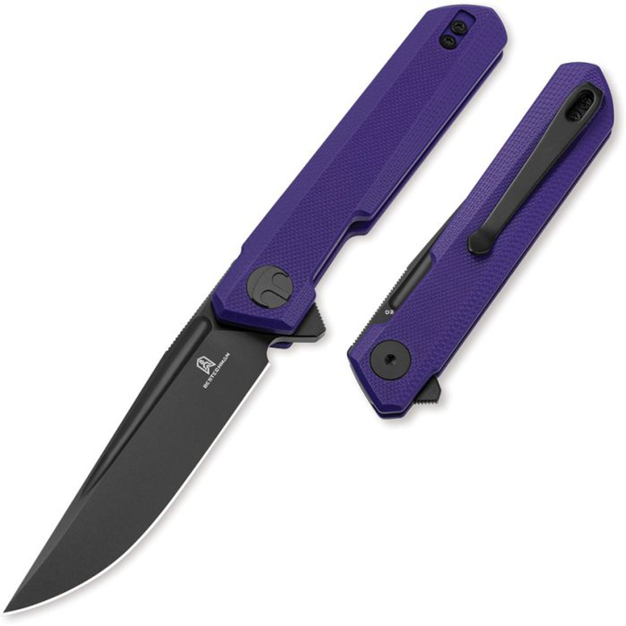 Bestechman Mini Dundee (BTKMK08D) 2.92" D2 Black PVD Coated Drop Point Plain Blade, Purple G-10 Handle