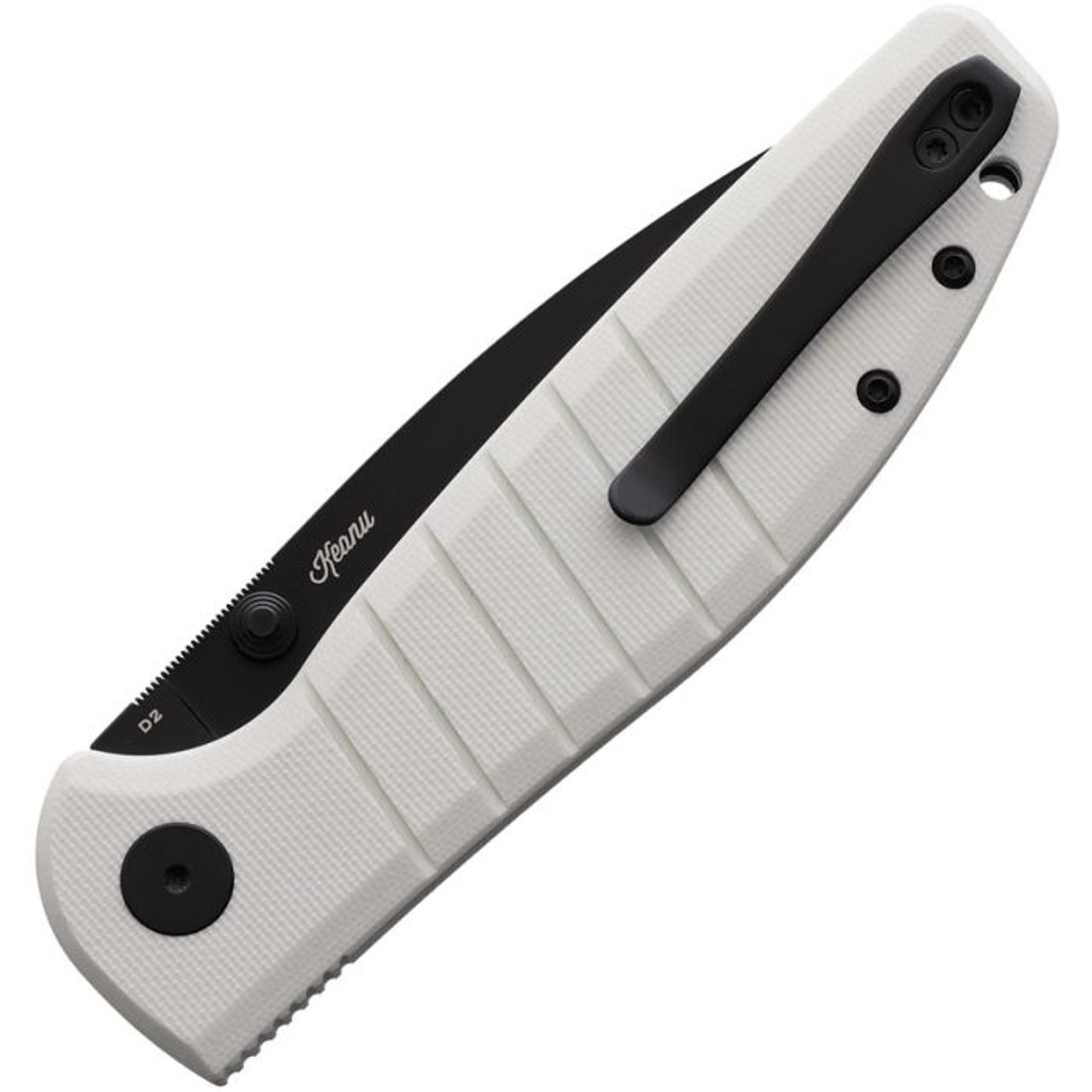 Bestechman Goodboy (BTKMK04J) 3.54" D2 Black PVD Drop Point Plain Blade, White G-10 Handle