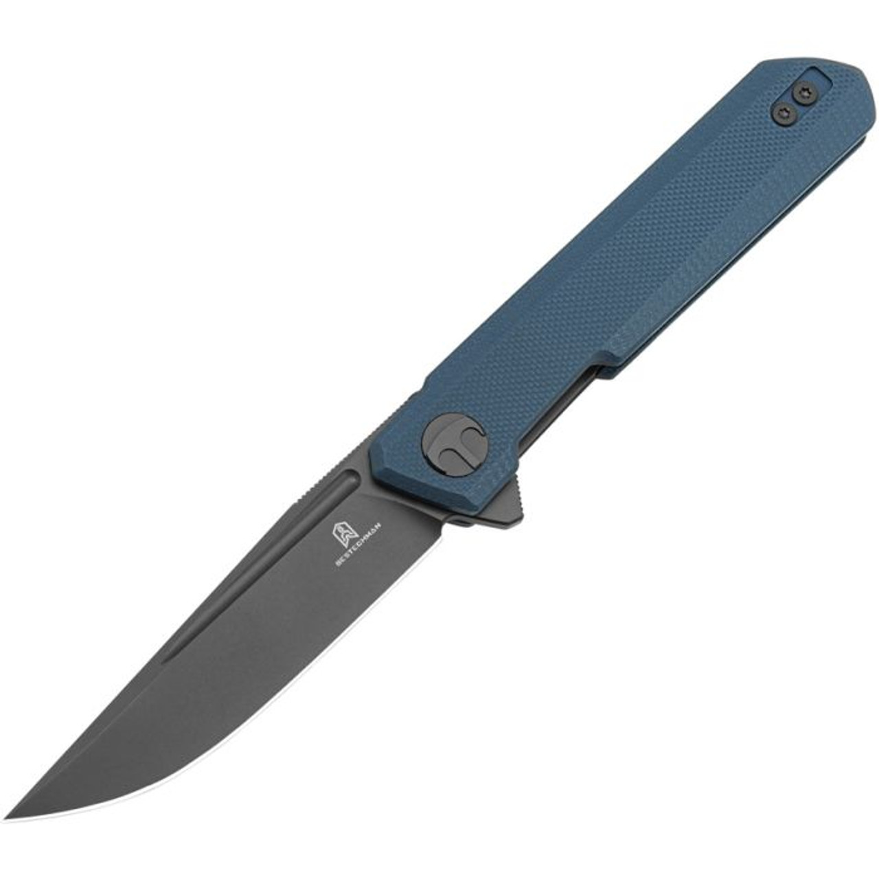 Bestechman Mini Dundee (BTKMK03F) 2.92" D2 Grey PVD Drop Point Plain, Slate Blue G-10 Handle