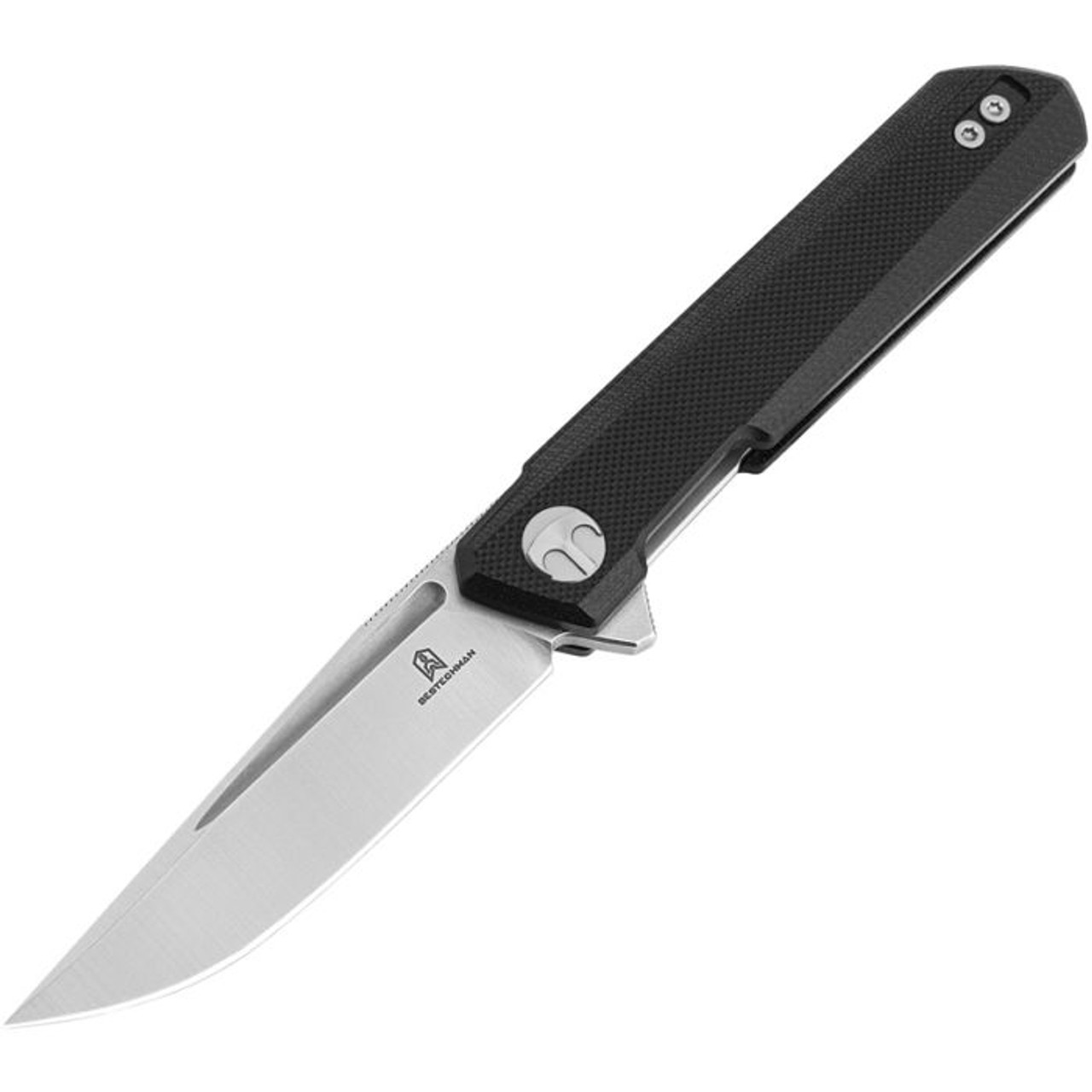 Bestechman Mini Dundee (BTKMK03A) 2.92" D2 Satin+Stonewash Drop Point Plain Blade, Black G-10 Handle